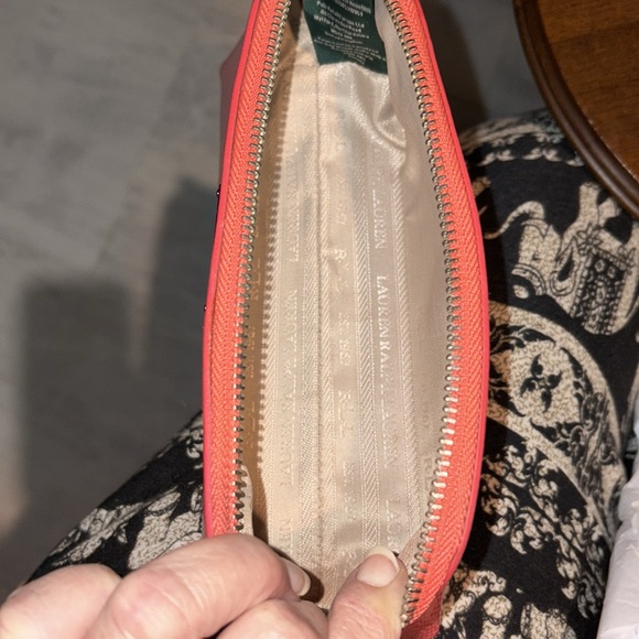 Ralph Lauren   Cosmetic case  Make up bag  triangular  leather coral orange NWOT - Picture 12 of 13